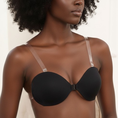 Bianca – Luxus Klebe-BH in Schwarz mit abnehmbaren transparenten Träge
