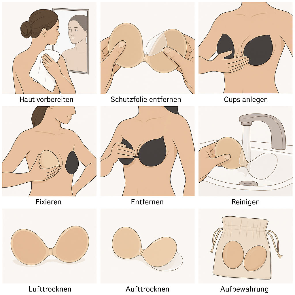 Illustration: Klebe BH anwenden, reinigen und aufbewahren – Schritt-für-Schritt-Anleitung.